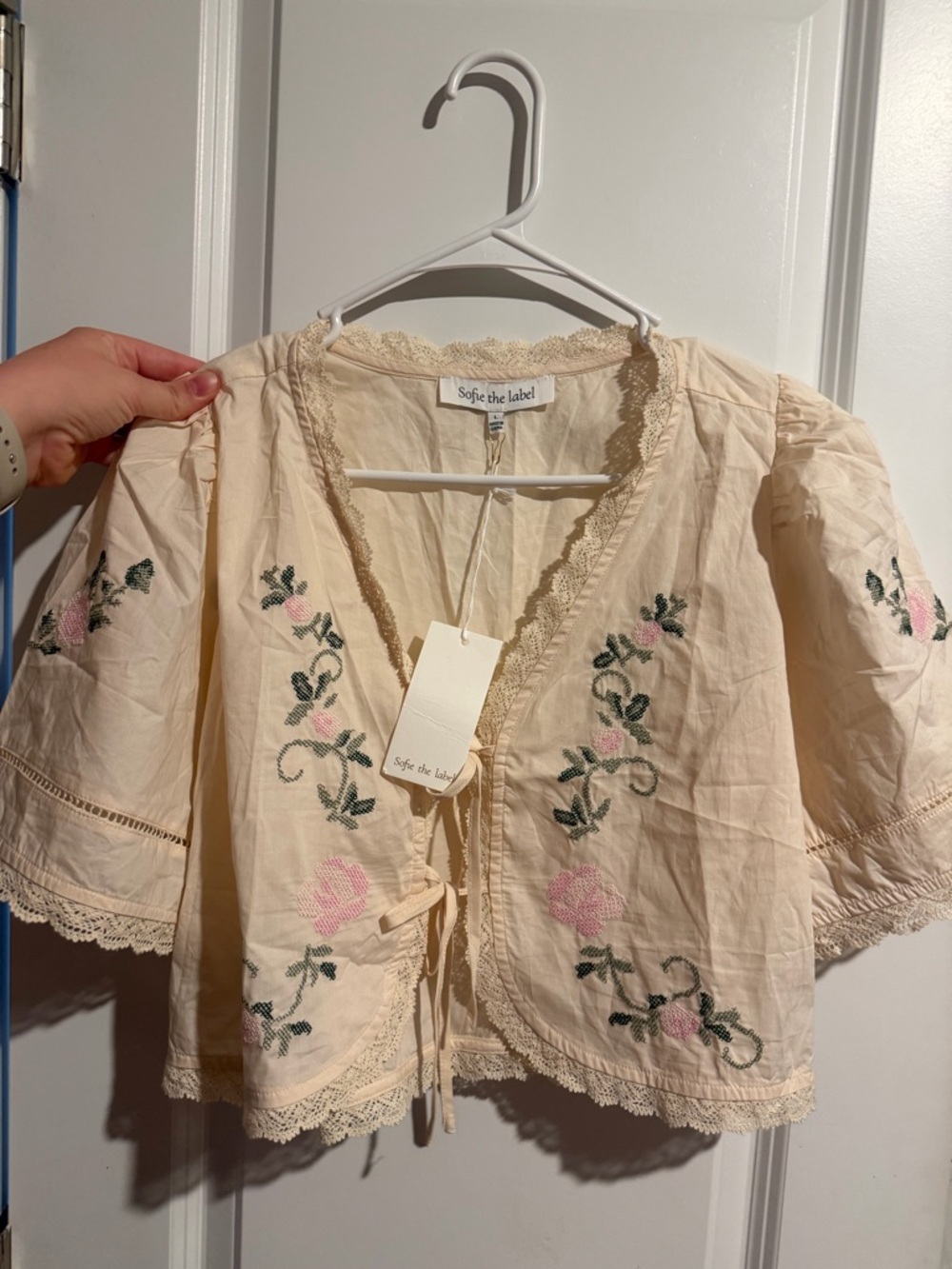 Sofie the Label Cream Embroidered Tie-Front Blouse